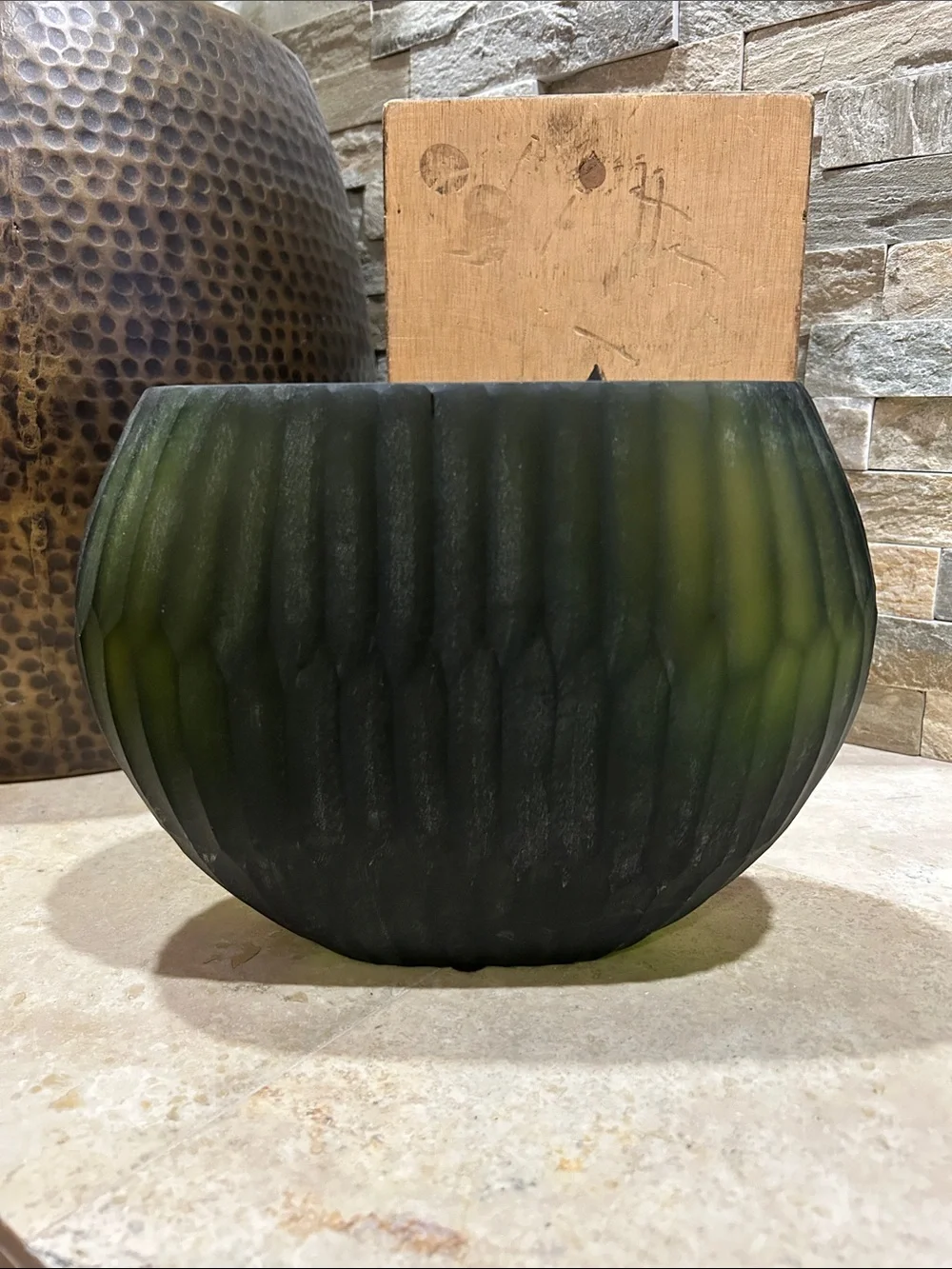 Reptilia frosted olive-green ribbed glass vase